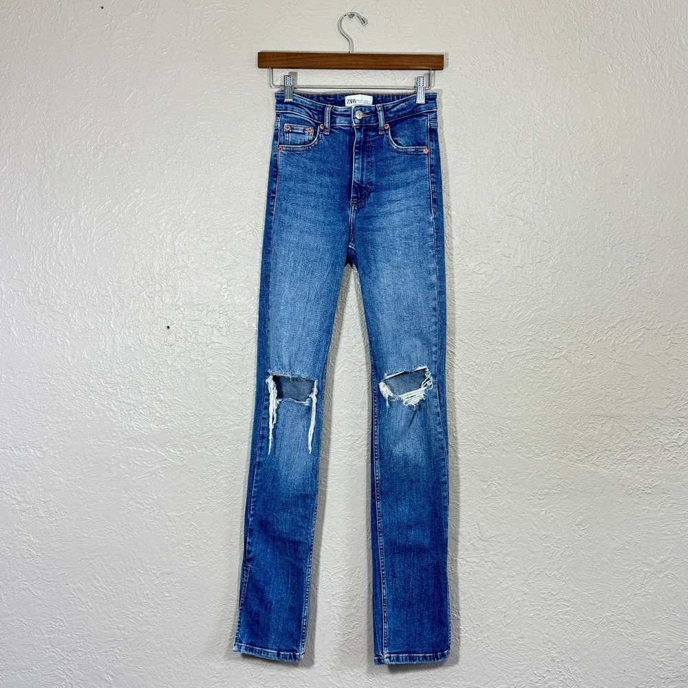 Zara Jeans Womens 2 Tall High Rise Distressed Split Hem Slim Straight Leg Denim